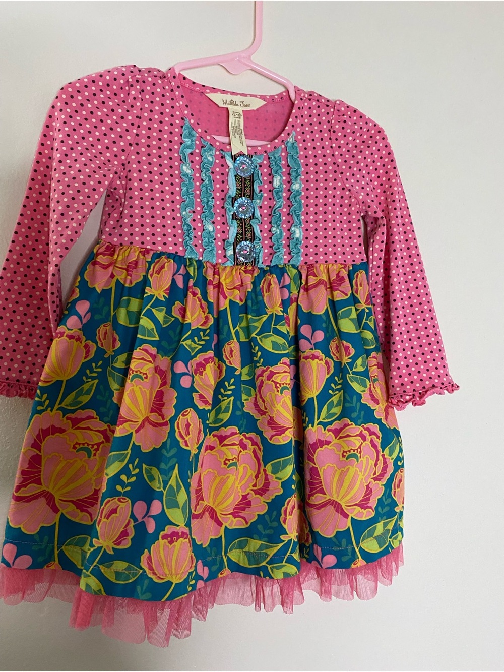 Matilda Jane Pink Polka Bodice Teal Floral Ruffle Dress
